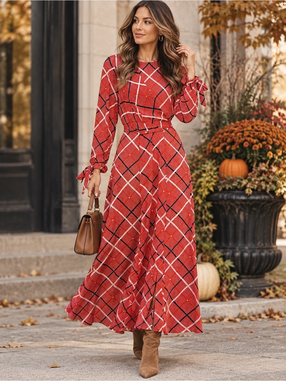 ASOS Red White Blue Long Sleeve Faux Wrap Front Maxi Dress Textured Check Size 0